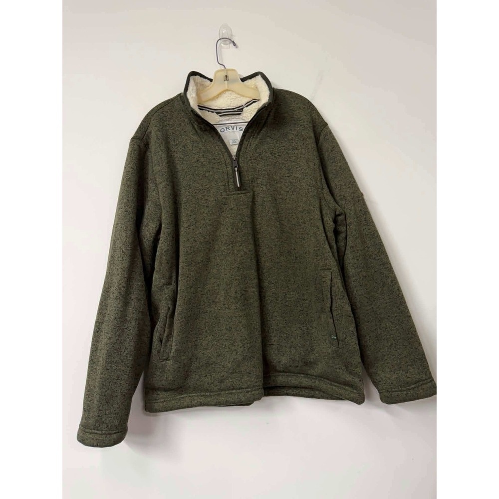 Orvis Mens Sherpa Lined Quarter Zip Fleece Pullover Jacket Olive Green Large